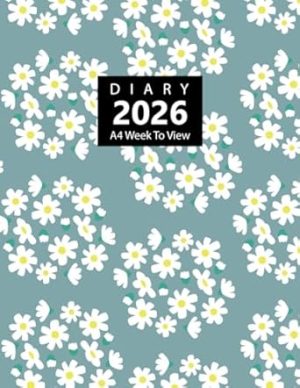 2026 Diary A4 Week to View: 12 Months Planner (Monday to Sunday) From January to December 2026 for Students & Teachers, White Flowers Pattern Cover